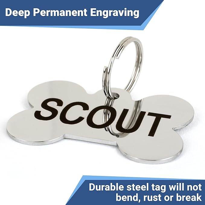 GoTags Stainless Steel Pet ID Tags, Personalized Dog Tags and Cat Tags, up to 8 Lines of Custom Text, Engraved on Both Sides, in Bone, Round, Heart, Bowtie and More (Dog Bone, Small (Pack of 1))