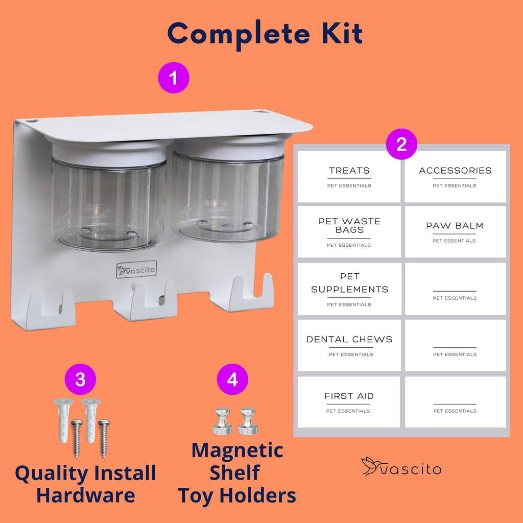 Vascito Dog Treat Holder For Wall Storage For Pets, Premium Pet Wall Organizer, Includes Two 16oz Airtight Dog Treat Jars, 3 Sets of Triple Hooks, Sturdy Shelf in Designer White