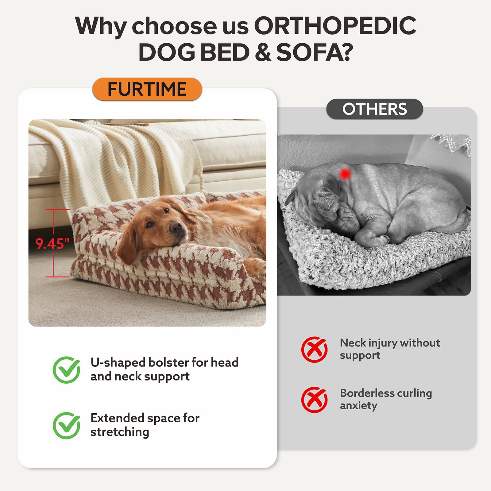FURTIME Orthopedic Dog Bed Medium Size Dog, Medium Washable Memory Foam Pet Couch Bed with Removable Washable Cover, Non-Slip Bottom with Bolster Sides, Brown