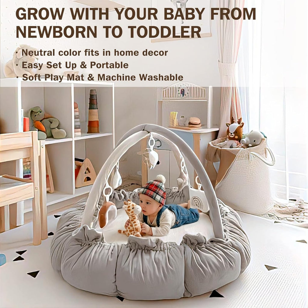 Little Dove 5-in-1 Convertible Baby Play Gym with 6 Toys, Tummy Time Mat for Sensory Development, Baby Activity Center from Newborn to Toddler, Ball Pit, Soft Plush Pet Mat, No Ball Included Grey