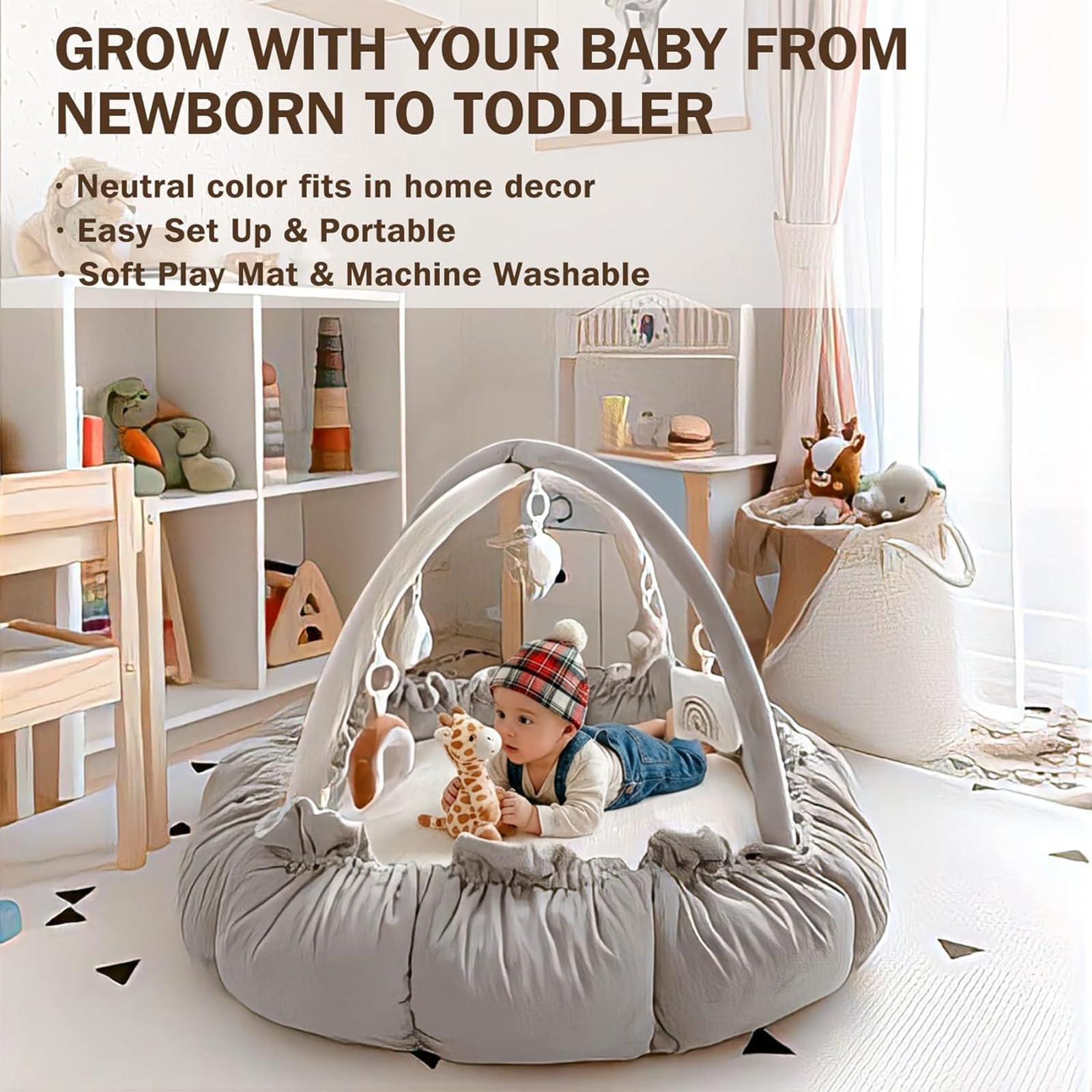 Little Dove 5-in-1 Convertible Baby Play Gym with 6 Toys, Tummy Time Mat for Sensory Development, Baby Activity Center from Newborn to Toddler, Ball Pit, Soft Plush Pet Mat, No Ball Included Grey