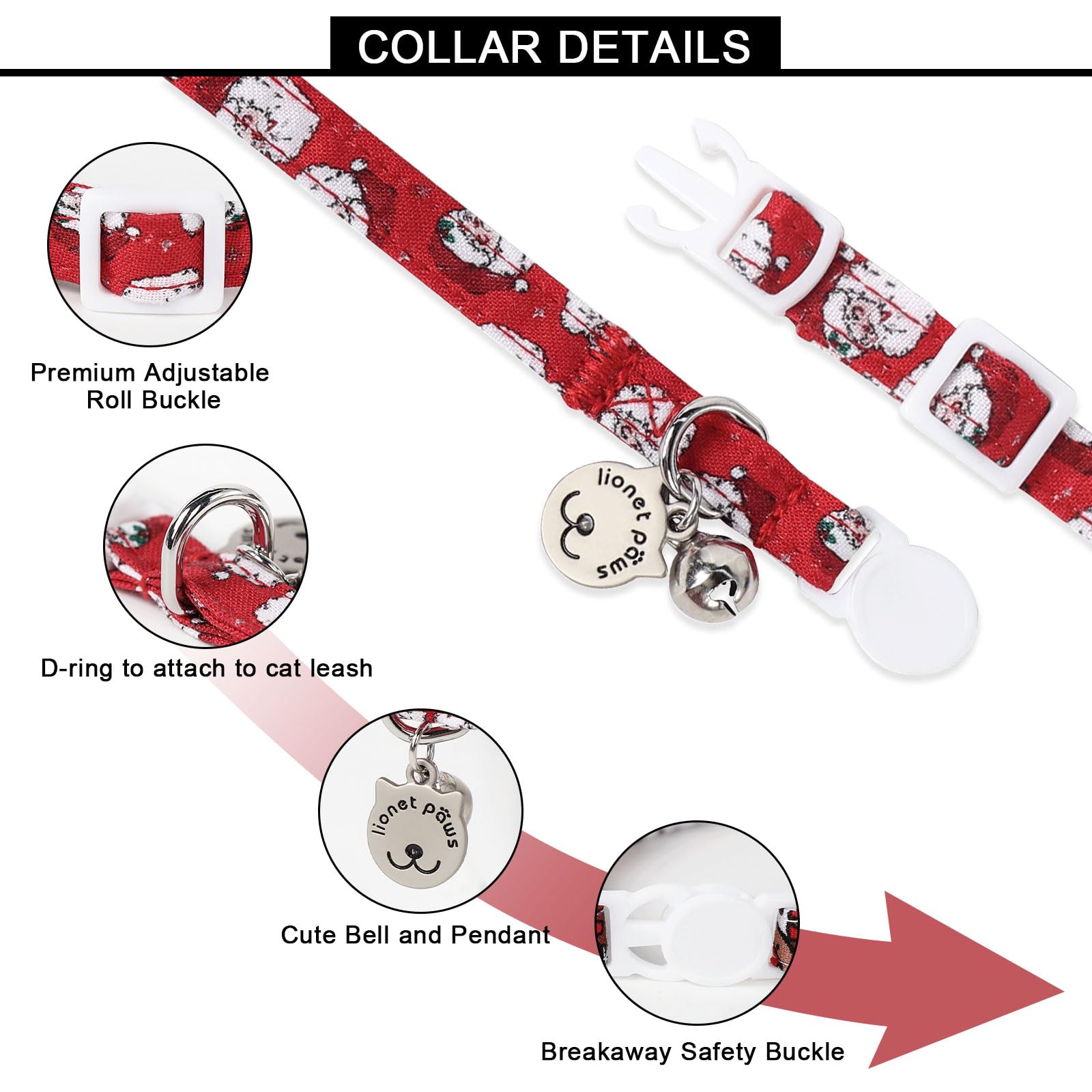 Lionet Paws 2pcs Pack Cotton Cat Collar,Breakaway Buckle Christmas Cat Colar with Santa,Red Green Grid Cute Adjustable Cat Kitten Collar,Ideal for Girl Cats Boy Cats