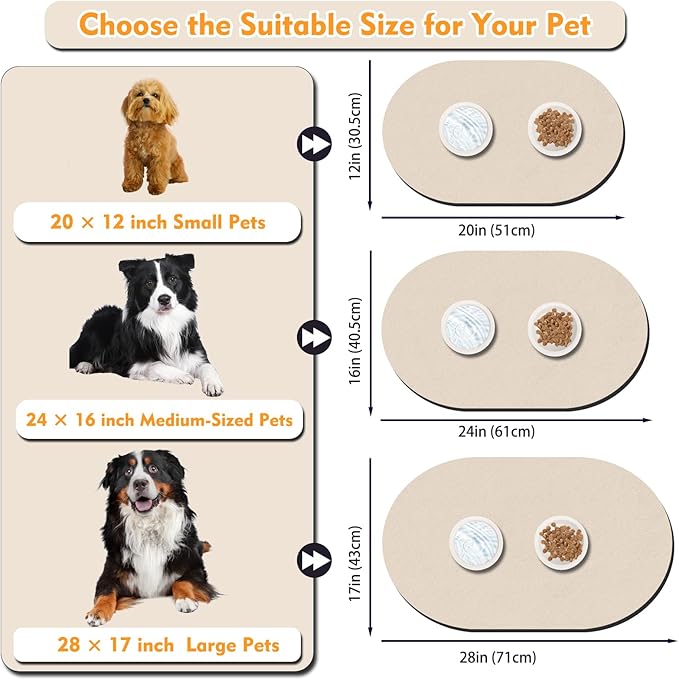 Pet Feeding Mat – 20''x12'' Absorbent Dog Food Mat, Pet Water Mats Protect Floor, No Stains Quick Dry Water Bowl Mats, Non-Slip Rubber Base Pets Placemats for Food, Beige