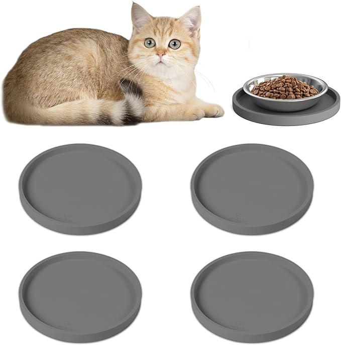Arespark Pet Silicone Food Mat, Set of 2 Nonslip Waterproof Feeding Bowl Mat with Raised Edges for Food and Water Prevent Spills, Round Eating Tray for Dog Cat Puppy Kitten, 6'' x 6''
