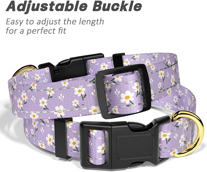 TMOODEL Reflective Dog Collar for Medium Dogs, Cute Flower Theme Adjustable Heavy-Duty Nylon Puppy Collar for Boy and Girl Female, Soft Pet Accessories with Quick Release Buckle, Purple White