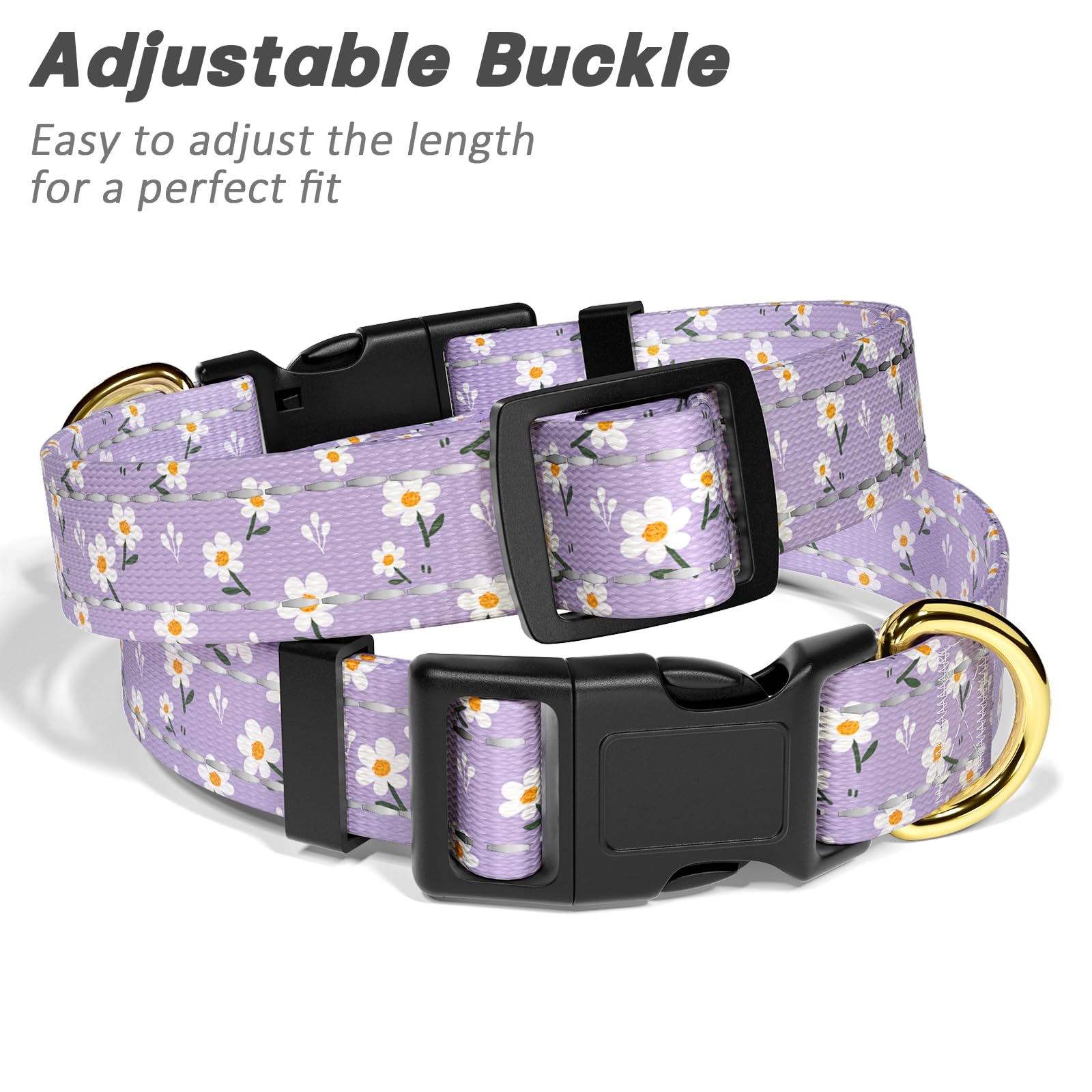 TMOODEL Reflective Adjustable Dog Collar for Medium Dogs,Purple Flower, M