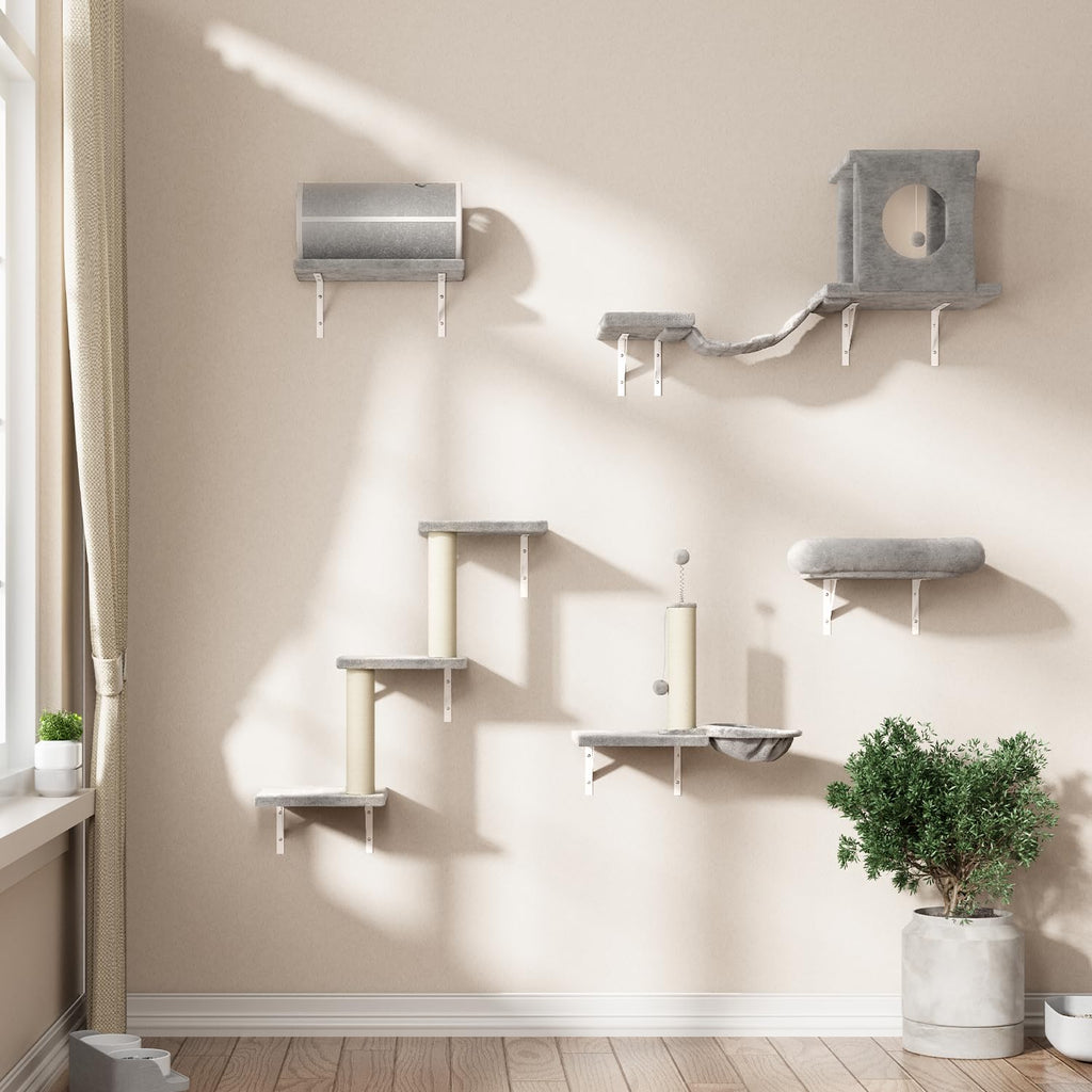 NUNU LAB Cat Wall Shelves, 7 Pcs Wall-Mounted Cat Climber Set, Gray