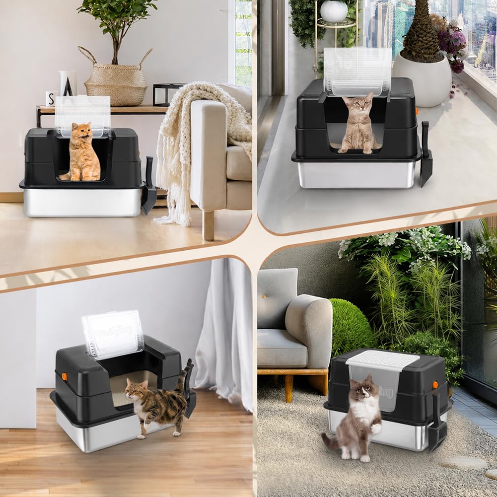 Vivifying XL Stainless Steel Cat Litter Box with Lid, Side Entry, Black