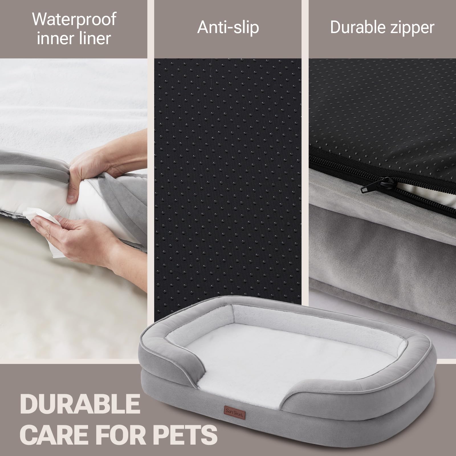Soft Touch Orthopedic XL Dog Bed for Large Dogs with Faux Fur Top, Waterproof Pet Couch Bed with Removable Washable Cover and Supportive Foam Filling (Grey, Extra Large)
