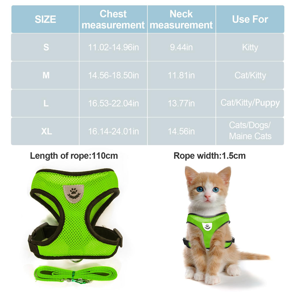 shudyear Summer cat Chest Harness and Leash, Anti-Escape Adjustable Soft mesh cat Leash and Chest Harness Set for All Types of Cats cat Vests (Size M,Green)