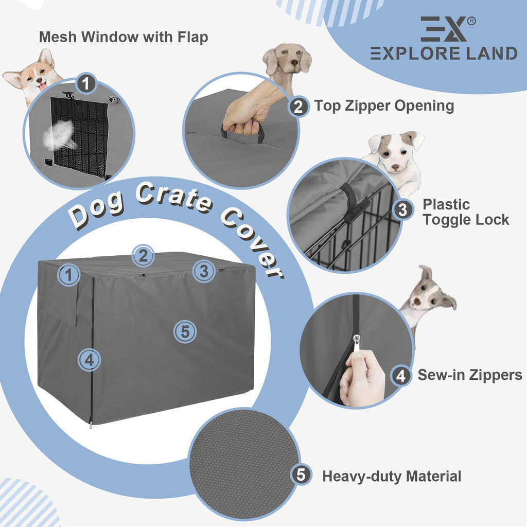Explore Land Dog Crate Cover Heavy Duty Polyester Pet Kennel Sunshade Universal Fit for 36 inches Wire Cage (Grey)