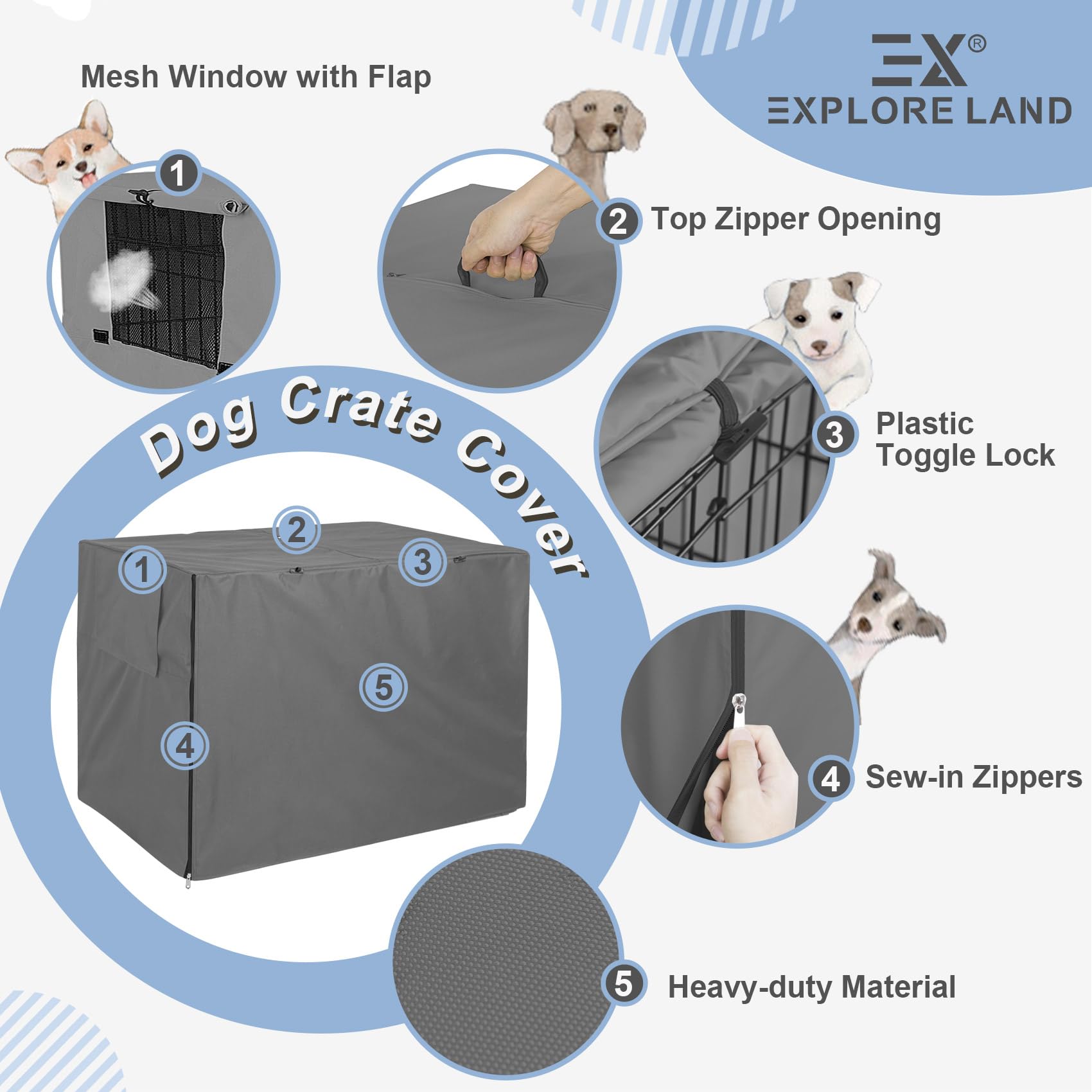 Explore Land Dog Crate Cover Heavy Duty Polyester Pet Kennel Sunshade Universal Fit for 36 inches Wire Cage (Grey)