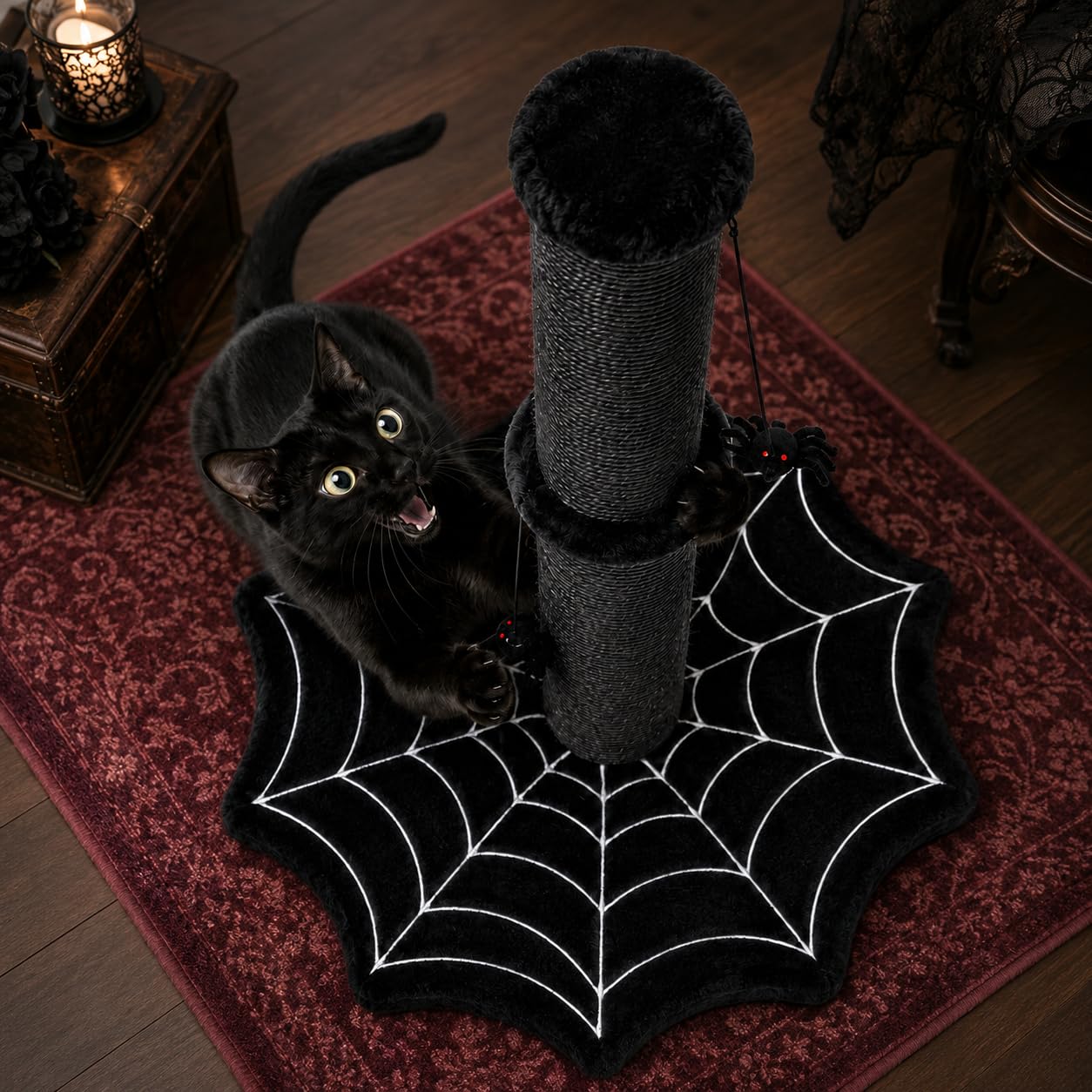 PuzzlePaw Gothic Cat Scratching Post with Spider Toys for Indoor Large Cats