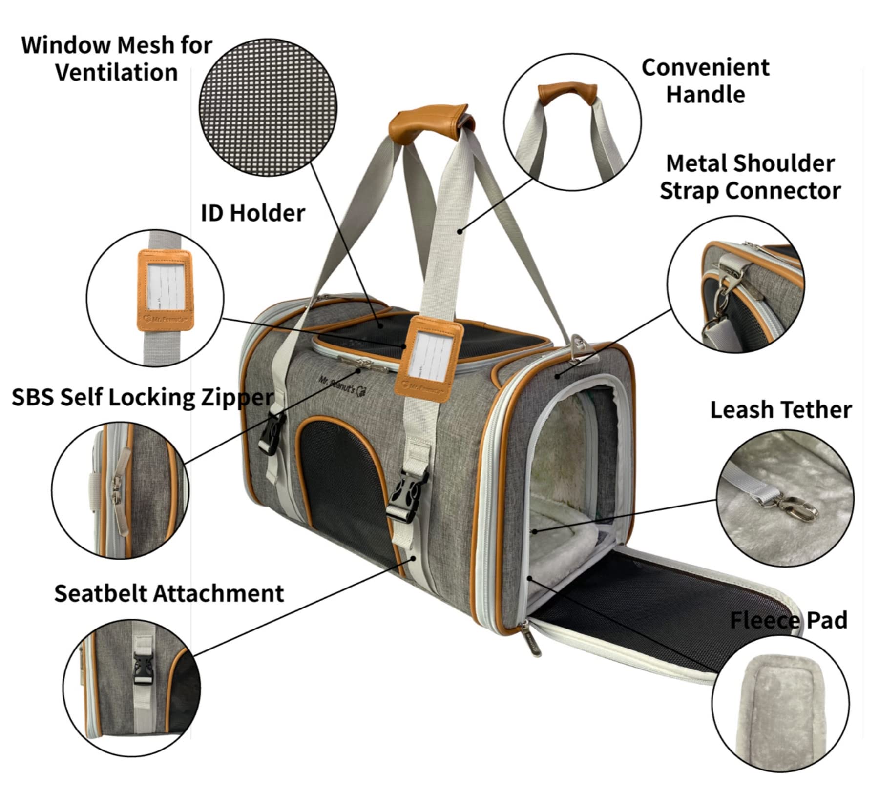 Mr. Peanut's Expandable Airline Approved Soft Sided Pet Carrier, Luxury Travel Tote with Premium Auto Self Locking Zippers, Plush Faux Fleece Bedding with Sturdy Plywood Base, 18LX10.5WX11 H