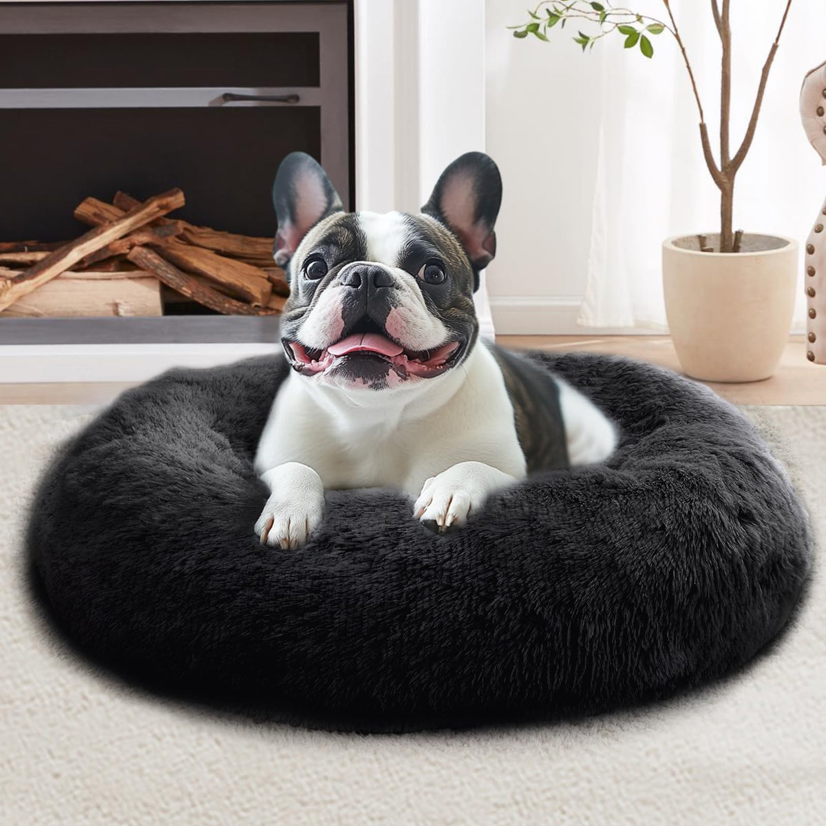 JOLLYVOGUE Calming Dog Bed for Small Dogs - 23 inches Donut Washable Small Dog Bed for Kittens & Puppies, Anti-Slip Round Fluffy Plush Faux Fur Cat Beds (Fits up to 25 lbs Pets, Purple)