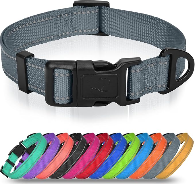 Joytale Dog Collars for Small Dogs, Feather-Light Double-Sided Reflective Nylon Collar for Night Safety, Adjustable Quick-Release for Growing Puppies, Gray, S (5/8" Width)