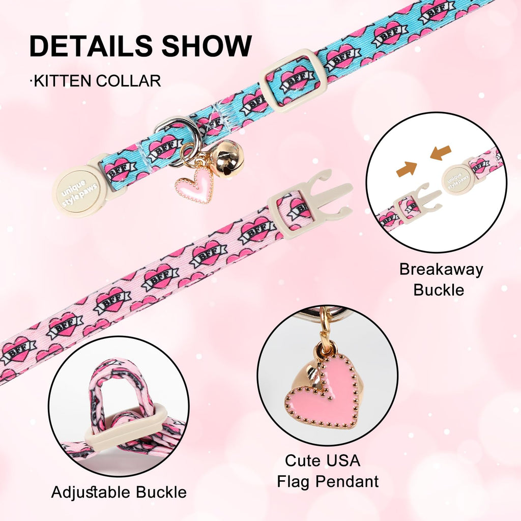 Unique Style Paws Pink Kitten Collars,Cute Valentine Cats Collar with Bell,Kitten Collar Breakaway Buckle with Heart Pattern,Adjustable Valentine Cat Collars,Ideal Gift for Boy Girl Cats