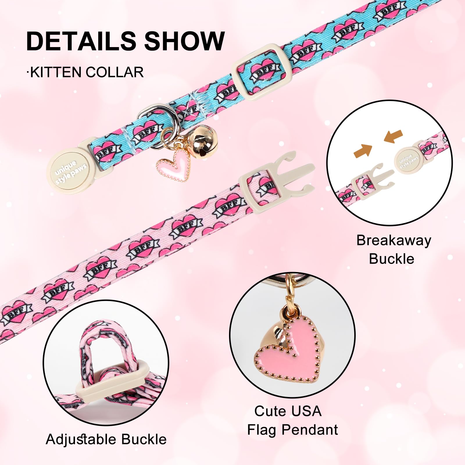 Unique Style Paws Pink Kitten Collars,Cute Valentine Cats Collar with Bell,Kitten Collar Breakaway Buckle with Heart Pattern,Adjustable Valentine Cat Collars,Ideal Gift for Boy Girl Cats