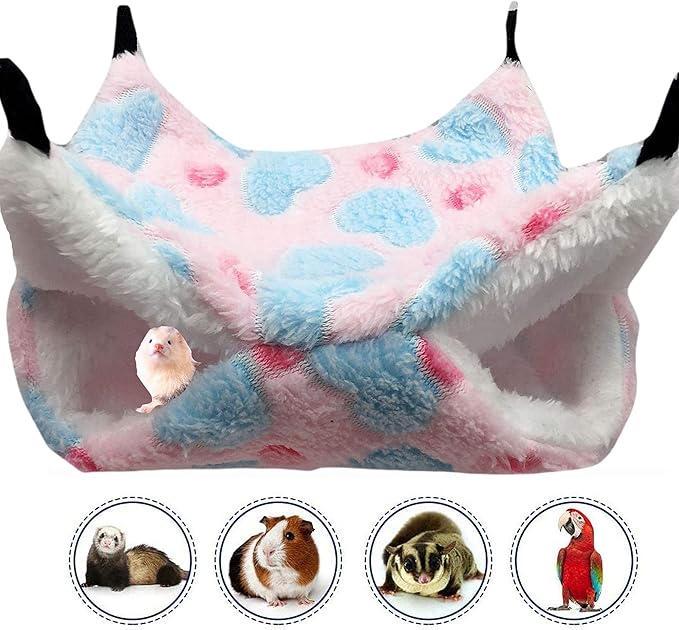 OINEEDU Guinea Pig Ferret Hammock for Cage - Machine Washable Double-Decker Hanging Bed - Fits Sugar Glider,Fancy Rat,Hamster,Gerbil - 13.3" x 13.3" - Love Pink Pattern
