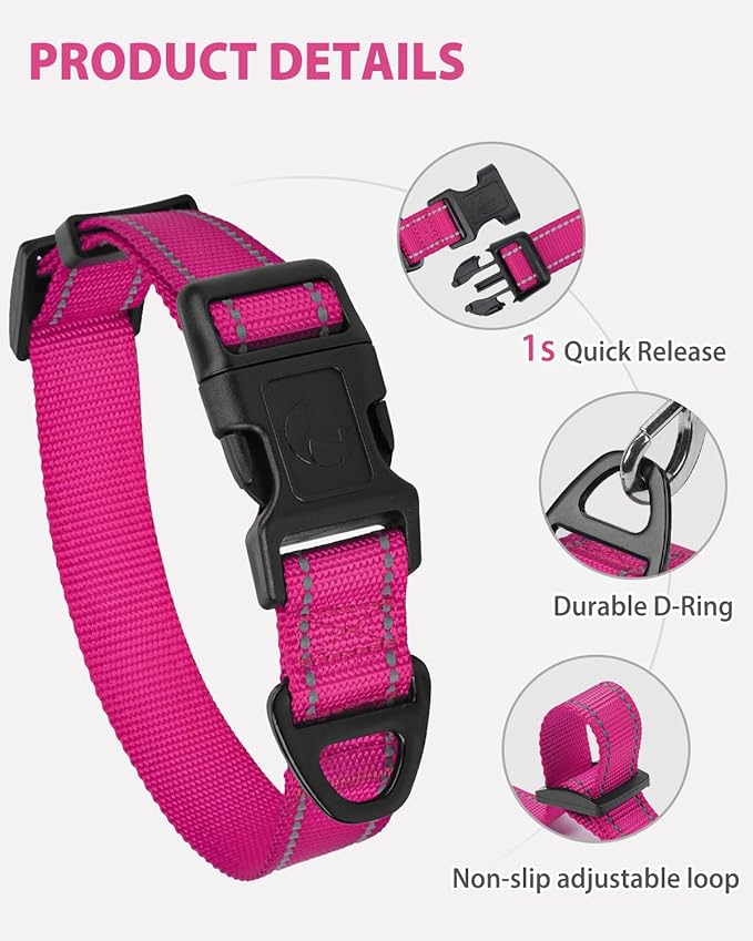 Joytale Large Dog Collar, Reflective and Adjustable Nylon Pet Collar with Quick-Release Buckle for Large Dogs, Hotpink, L