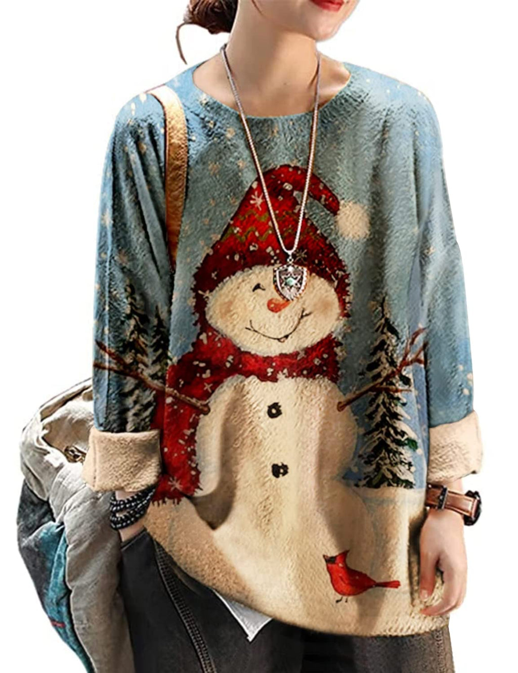 YESNO Women Christmas Sweater Graphic Printed Oversized Pullover Sweaters Casual Loose Knit Tops L S01 CR121
