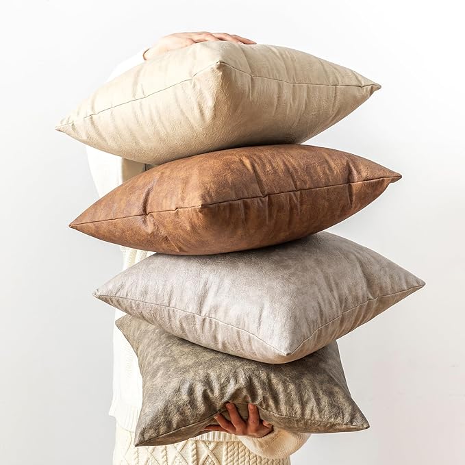 GEGELICA Pack of 4 Neutral Decorative Faux Leather Throw Pillow Covers