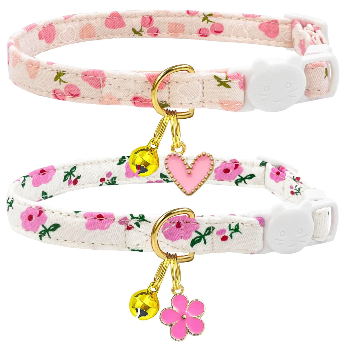 2 Pack Cotton Breakaway Cat Collars Set with Bell and Flower Pendant, Cute Floral Fruit Patterned, Adjustable 7.5-11Inch, Include A Mouse Toy Gift (Yellow+Navy Flower)