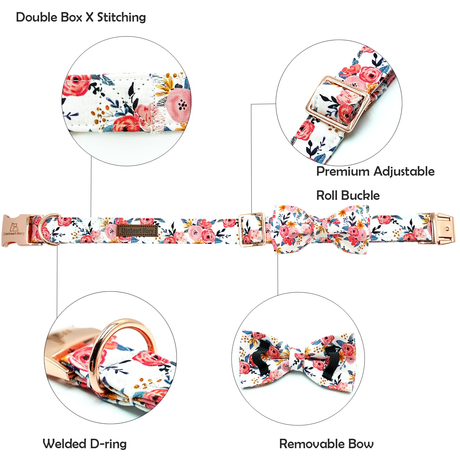 Lionheart glory Dog Collar Bow Collar Floral Dog Collar with Bow Tie Spring Summer Cute Collar Dog Boy or Girl Dog Collars Soft Durable Adjustable Dog Collars for Large Dogs
