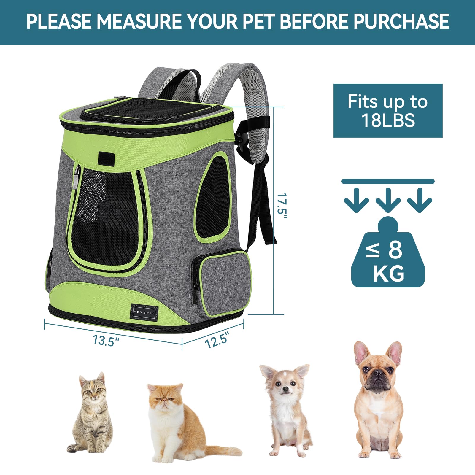 Petsfit Pet Backpack Carrier Easy-Fit Dog Travel Backpack Carrier for Hiking Walking Cycling Suitable for Small Medium Dogs Cats and Rabbits up to 22 Pounds, Green