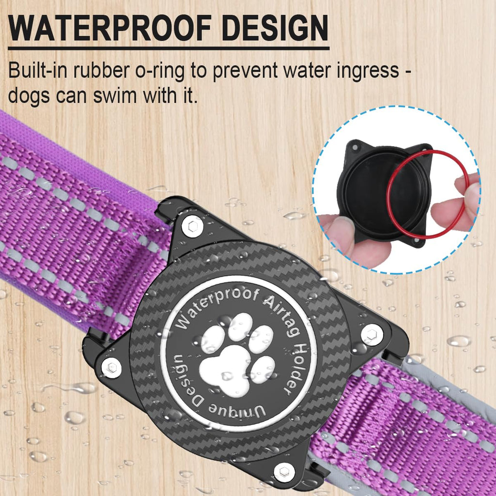 OKVSKO Airtag Dog Collar with Waterproof Air Tag Holder, Luminous Reflective, Soft Padded, Adjustable Nylon Pet Collar for Small Medium Large Heavy Duty Dogs,Purple, S
