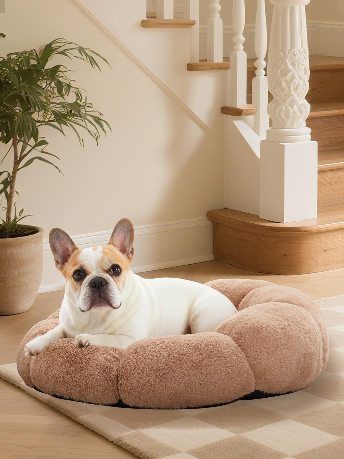 OhGeni 27 inches Calming Donut Dog & Cat Bed for Medium Pets, Warming Comfort Fluffy Short Pile Fur, Durable Machine Washable Round Bed, Cute Round Bed for Puppy and Kitten, Camel