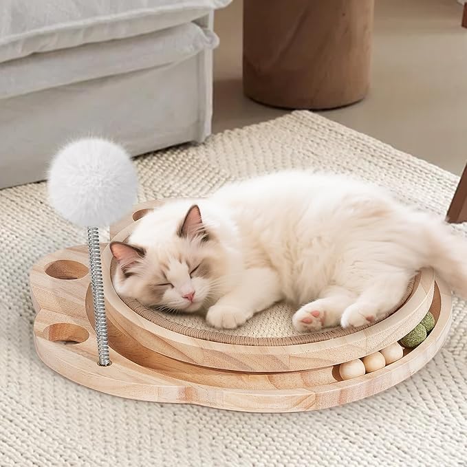 Petjoyi Cat Scratcher-Cat Interactive Toys, Ball Track Toy with Sisal Scratching Pad, 6 Track Balls & 1 Spring Ball – No Assembly Cat Toys and Balls Activity Center for Indoor Cats