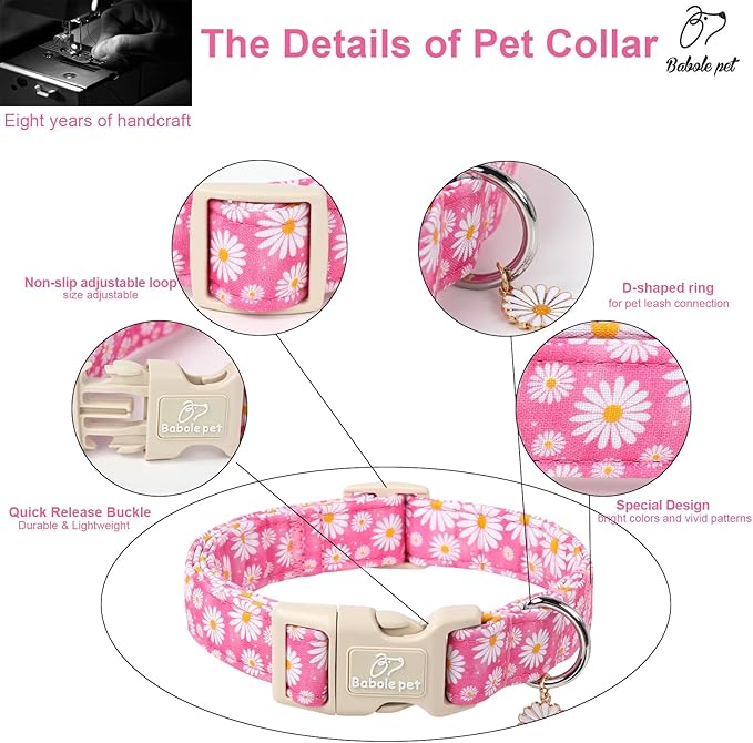 Babole Pet Summer Daisy Dog Collar, Cute Floral Adjustable Pink Dog Collars for Puppy Small Dogs, Lightweight Quick-Release Buckle Collar for Boy&Girl Dogs XS