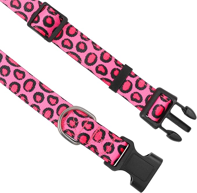 PWOD Reflective Dog Collar, Adjustable Soft Neoprene Padded Nylon Pet Collars with Buckle for Puppy and Small Dogs, Cats, Leopard Pink,L