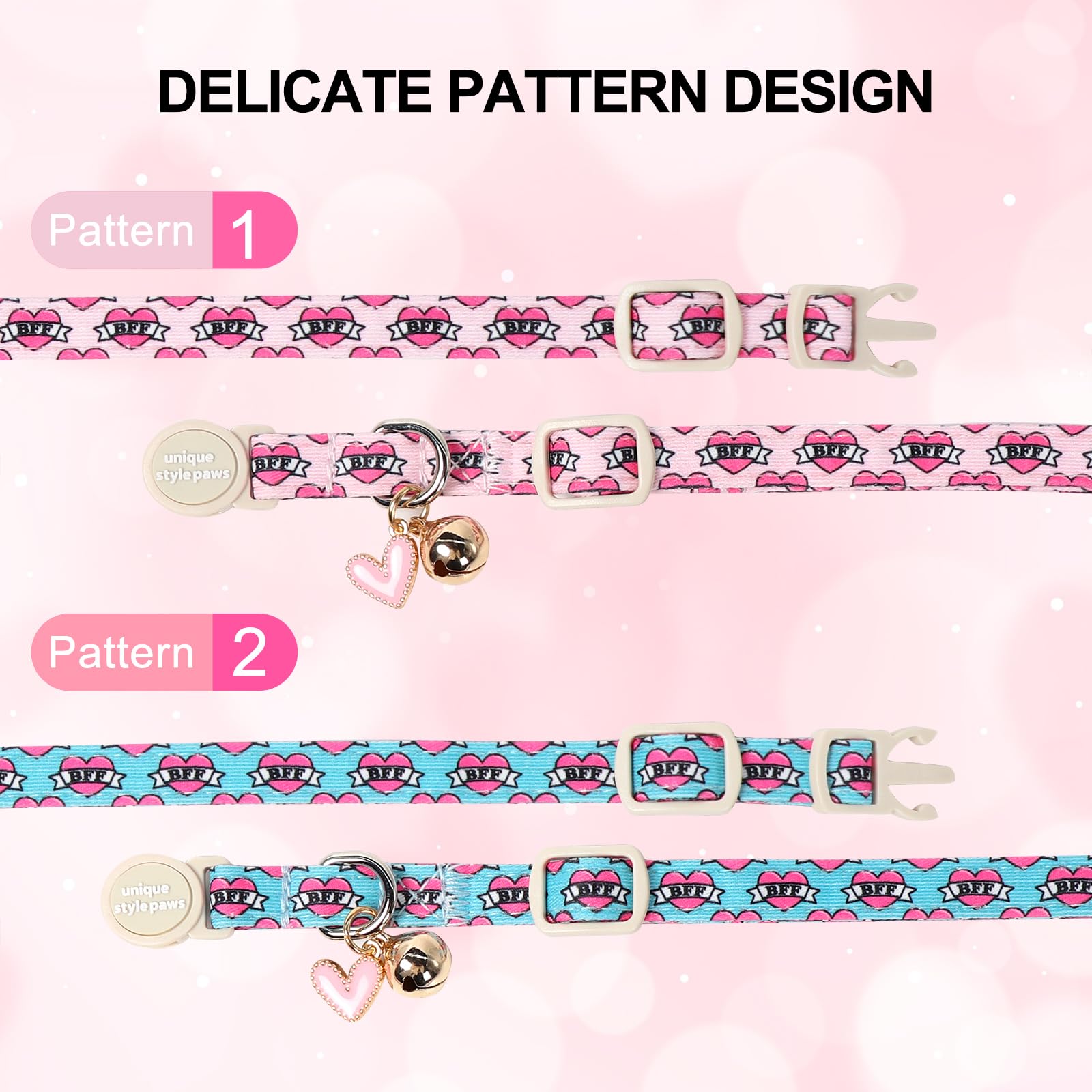 Unique Style Paws Pink Kitten Collars,Cute Valentine Cats Collar with Bell,Kitten Collar Breakaway Buckle with Heart Pattern,Adjustable Valentine Cat Collars,Ideal Gift for Boy Girl Cats
