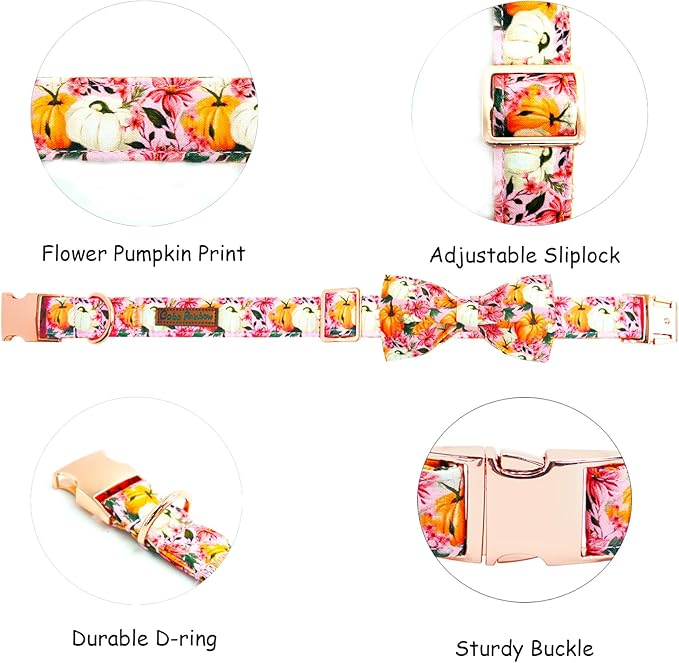 Bobo Rainbow Fall Dog Collar, Pink Flower Pumpkin Print Adjustable Pet Collar Cute Cotton Soft Collars with Bow Tie Metal Buckle Holiday Puppy Collars Boy&Girl Gift for X-Large Dogs