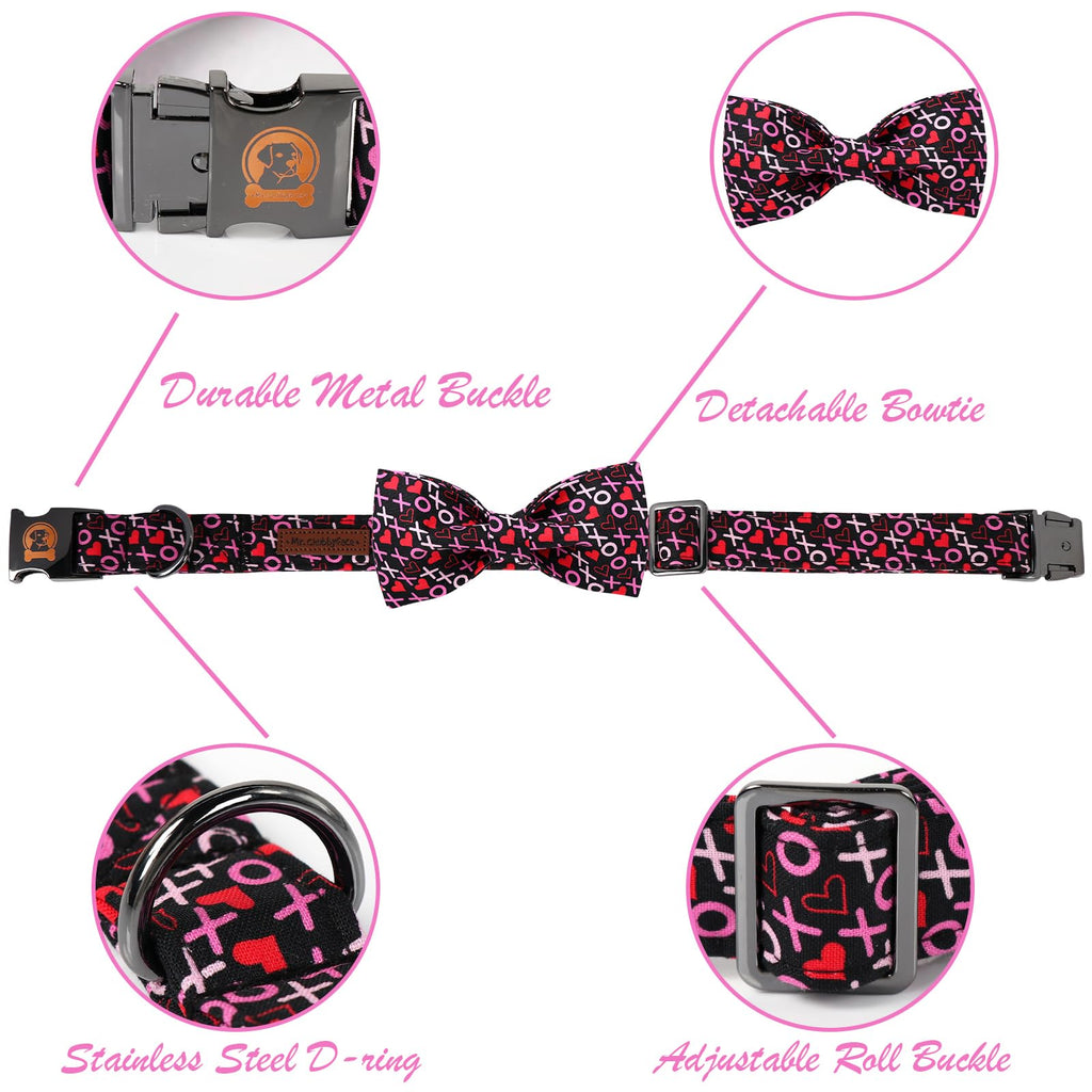 MR. CHUBBYFACE· Valentine's Dog Collar with Bowtie, XOXO Red Heart Dog Collar with Metal Buckle, Cute Adjustable Boy Girl Female Collars for Small Medium Large Dogs