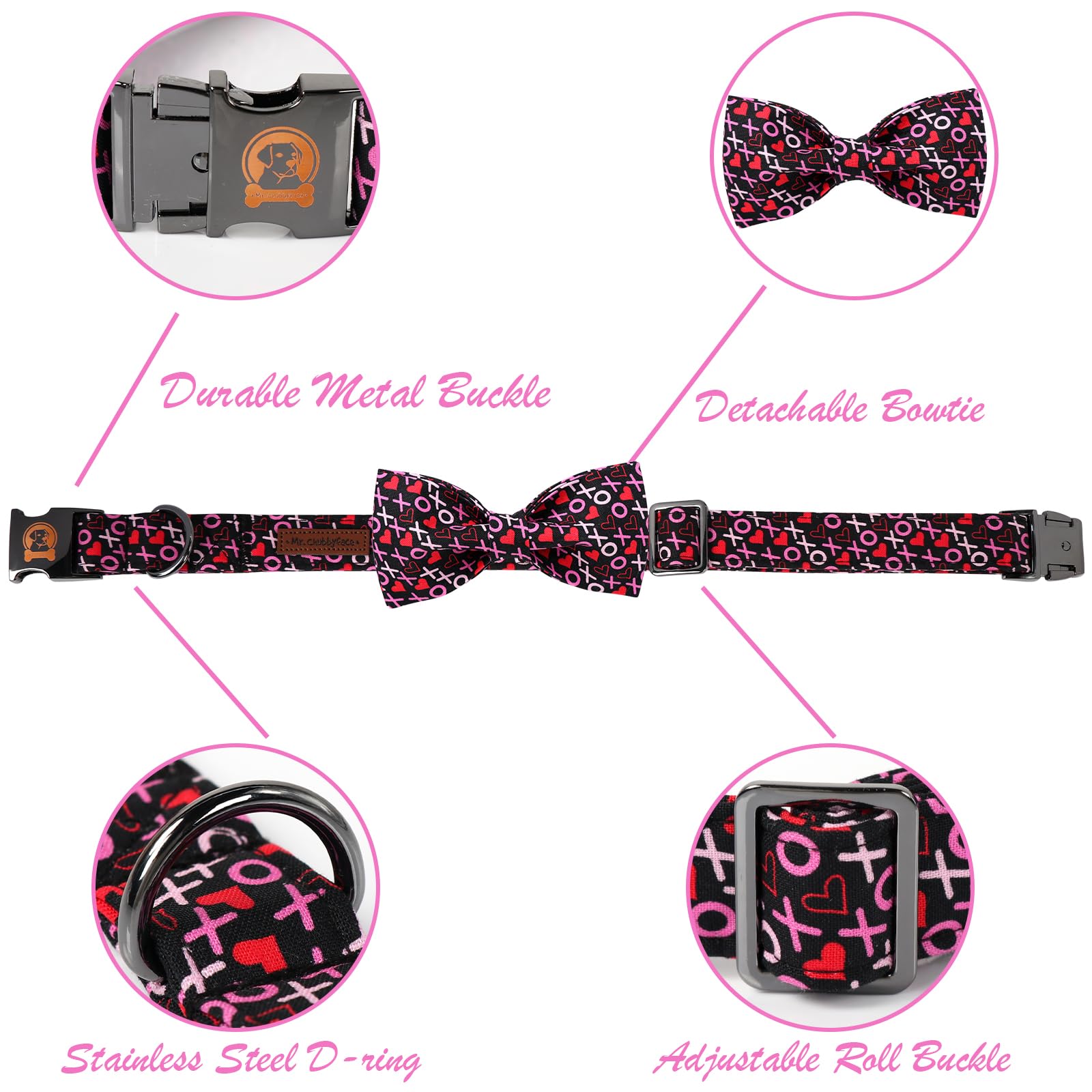 MR. CHUBBYFACE· Valentine's Dog Collar with Bowtie, XOXO Red Heart Dog Collar with Metal Buckle, Cute Adjustable Boy Girl Female Collars for Small Medium Large Dogs