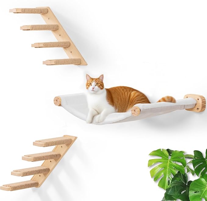 Cat Wall Hammock Set, Cat Wall Shelves with Bed & 2 Four-Step Ladders