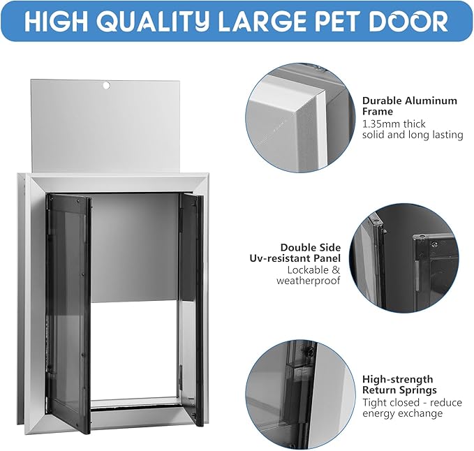SmarketBuy Large Dog Door, Weatherproof Aluminum Dog Door with Automatic Closing Double Panels Easy to Install Pet Door for Large Dogs and Cats, Closing Panel Included