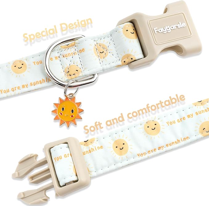 Faygarsle Sunshine Pattern Dog Collar, Adjustable Cotton Fabric, Cute Design for Small Medium Large Dogs, M