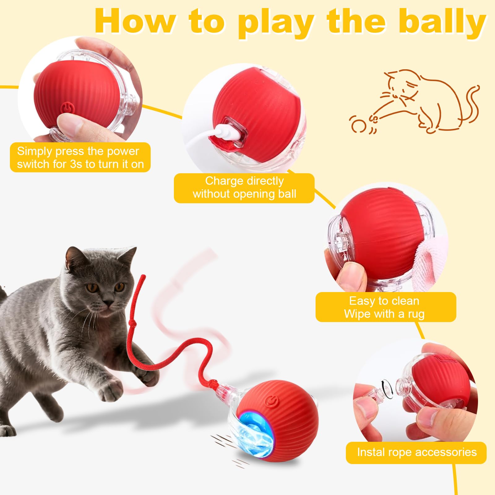 USB Rechargeable Smart Cat Toy Ball, 360° Rotation Automatic Moving Chase Toy, Obstacle Avoidance Interactive Play with 4 Spiral Springs, Enrichment Toys for Indoor Cats, Puppies & Small Dogs (Red)