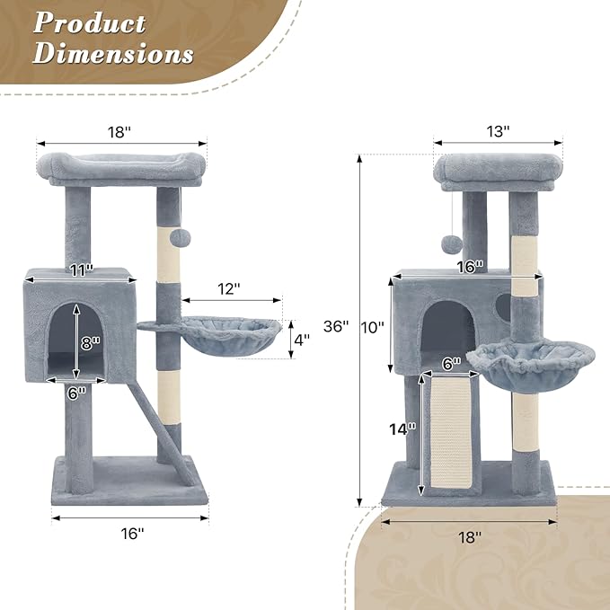 Athena Collection 36" Cat Tree Tower for Indoor Cats, Light Gray