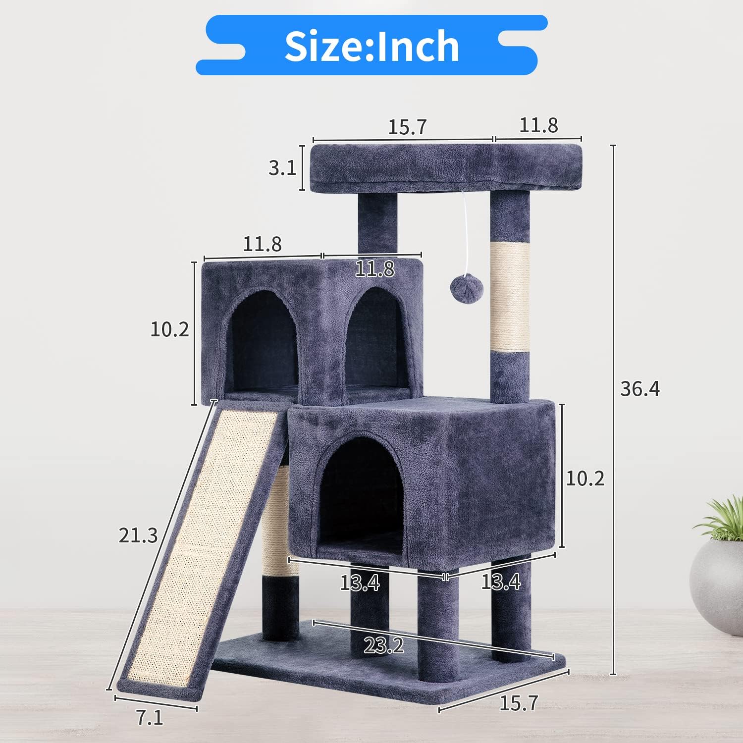 Cat Tree Tower, 36.4" Small Cat Tower for Indoor Cats with Cat Scratching Post with Bed, Cat Condo, Hang Ball, Multi-Level Cat Climbing Tower Cat Trees Cat Furniture Activity Center, Dark Grey