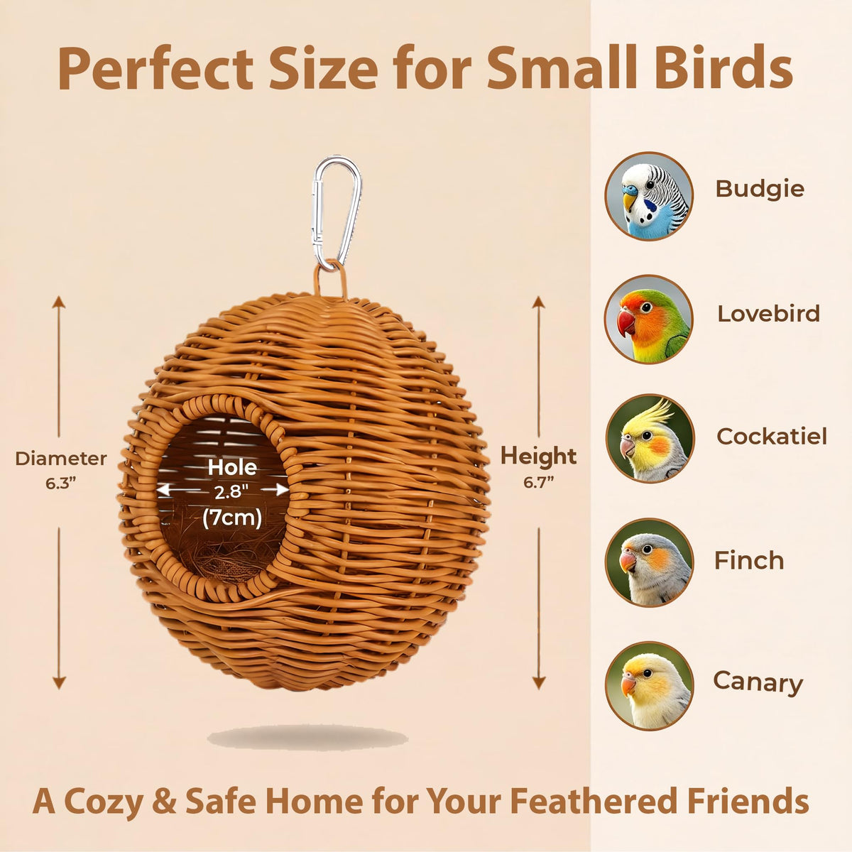 TYDBT Bird Nest for Cage, Hanging Rattan Parrot Bed, Washable Breathable for Parakeets Cockatiels Lovebirds(Circular Opening)