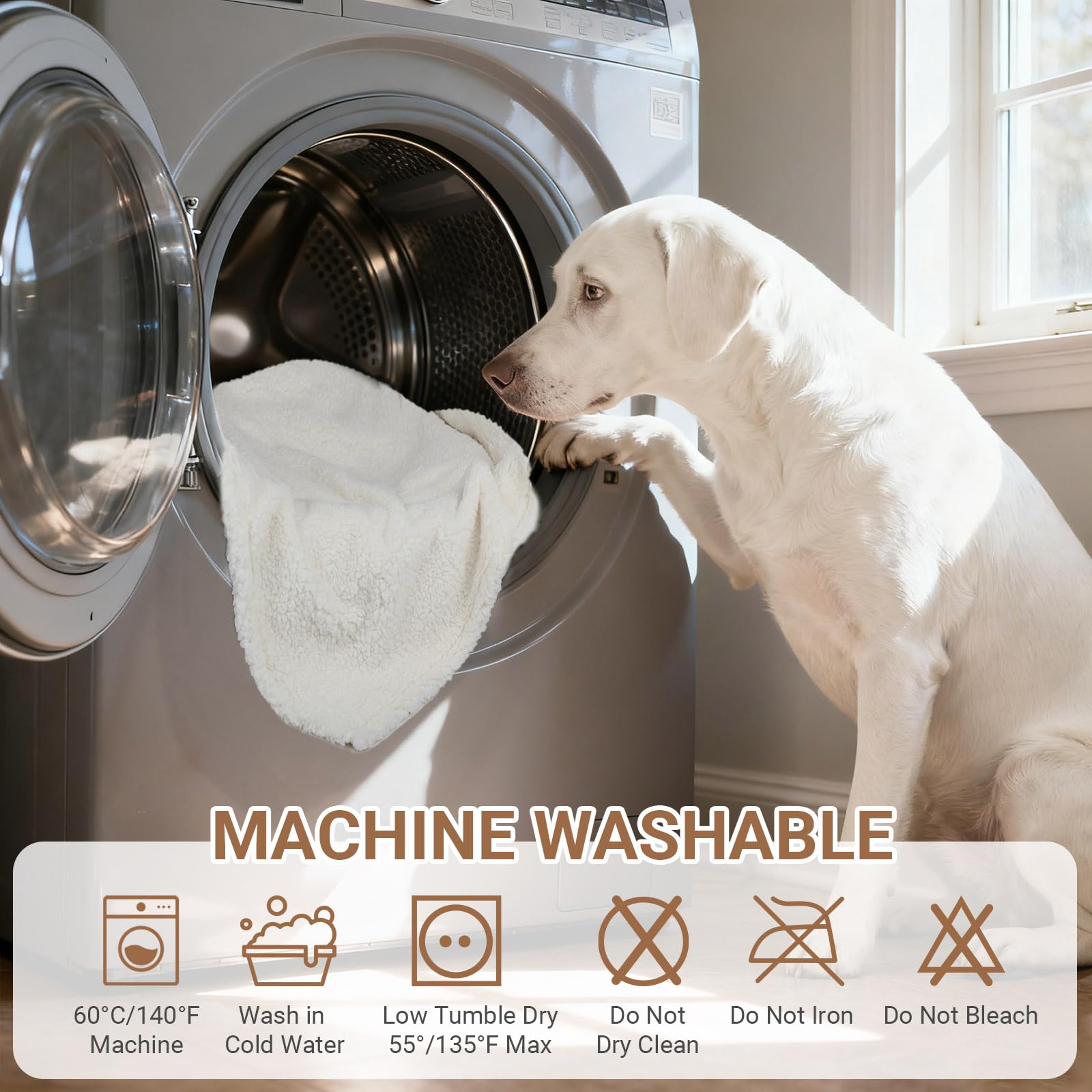 ZAKAPAWS Waterproof Dog Blanket for Large Dogs - Reversible Washable Pet Blanket, Soft Sherpa Fleece Furniture Protector, Cat Throw Bed Couch, Cream, 60"x80"
