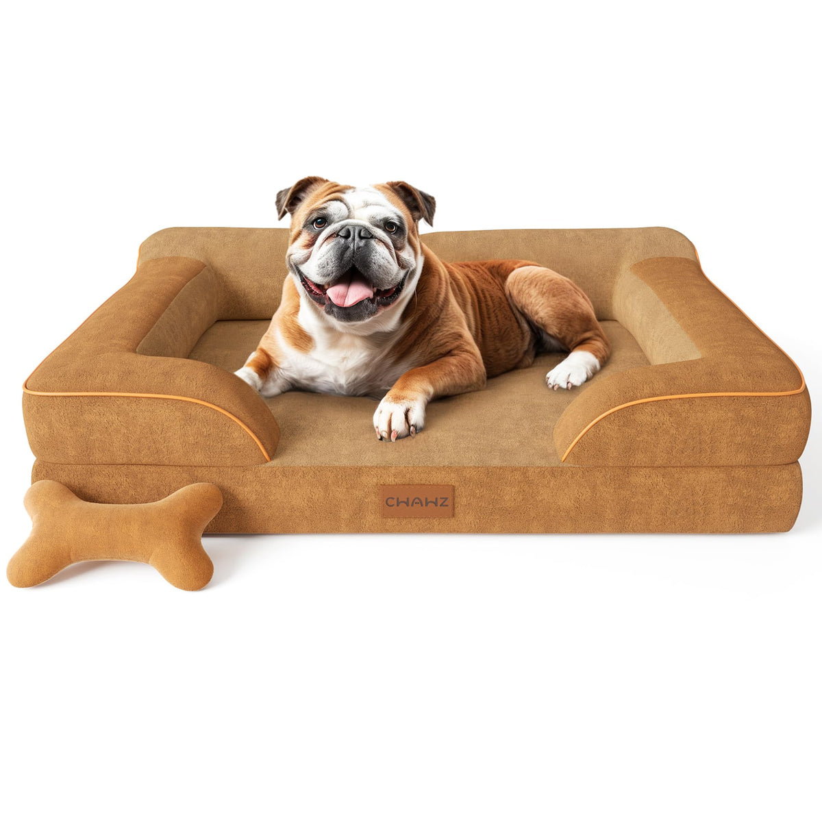 CWAWZ Extra Large Dog Bed, Orthopedic Dog Beds with Cooling Gel Memory Foam, Waterproof XL Pet Bed with Removable Washable Cover, 42" Pet Sofa Couch Dutch Velvet with Bone Toy, Brown