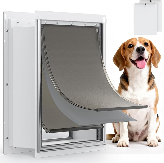 Powools Pet Dog Door for Wall - Robust Steel Pet Door with Magnetic Triple Flaps, 12.6" x 10" Flap Opening, Adjustable Tunnel for 3.4"-6" Thick PVC, Wood, Drywall, for Pets Up to 45lb, White