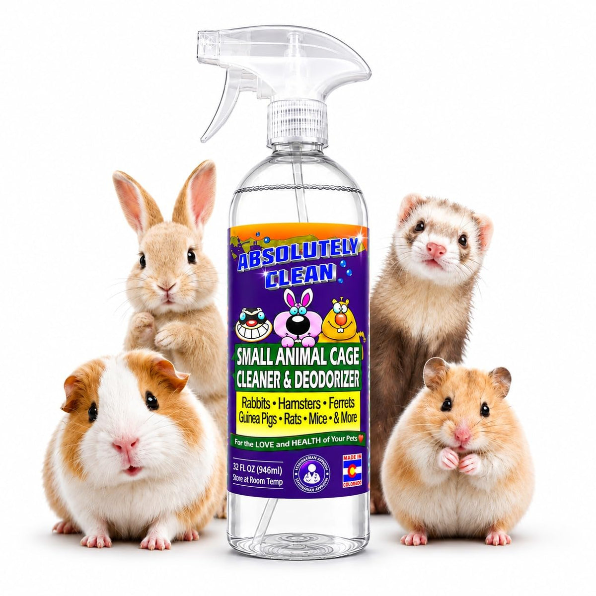 Absolutely Clean Amazing Small Animal Cage Cleaner, Just Spray/Wipe, Easily Removes Messes & Odors - Hamster Cages, Mice, Rat Cage, Guinea Pig Cage, Rabbit Cage, Ferret Cage, Dog Cage - USA Made