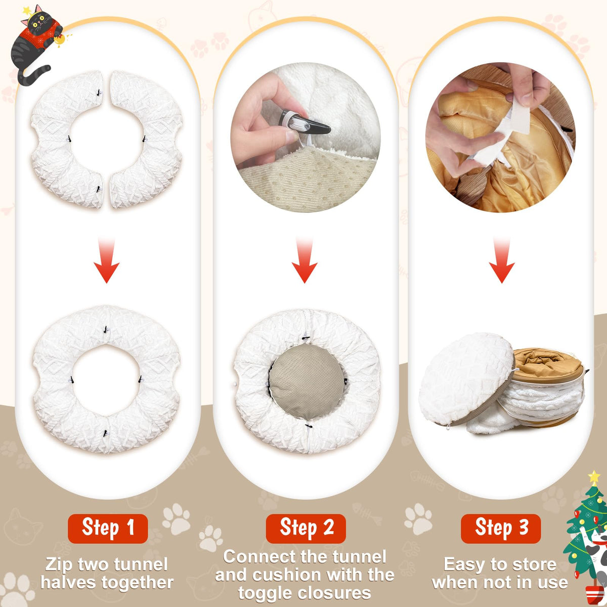 White Plush Christmas Cat Tunnel Tree Skirt with 11Pcs Interactive Cat Toys